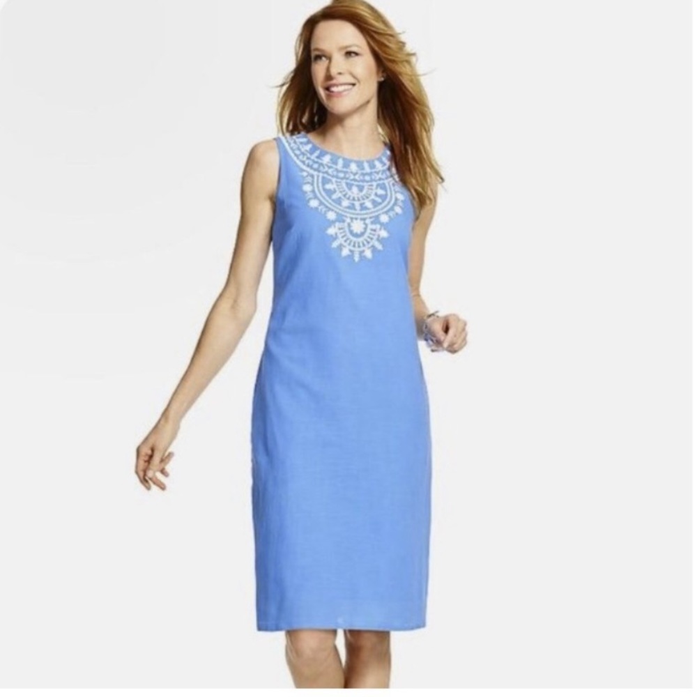 Talbots Blue Embroidered Cotton Shift Dress Sz.14 NWT